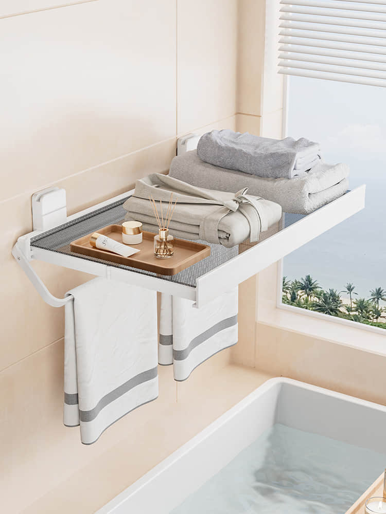 LYS2643W01 Suction Cup Multifunction Foldable Drying Rack with Storage Shelf and Bar