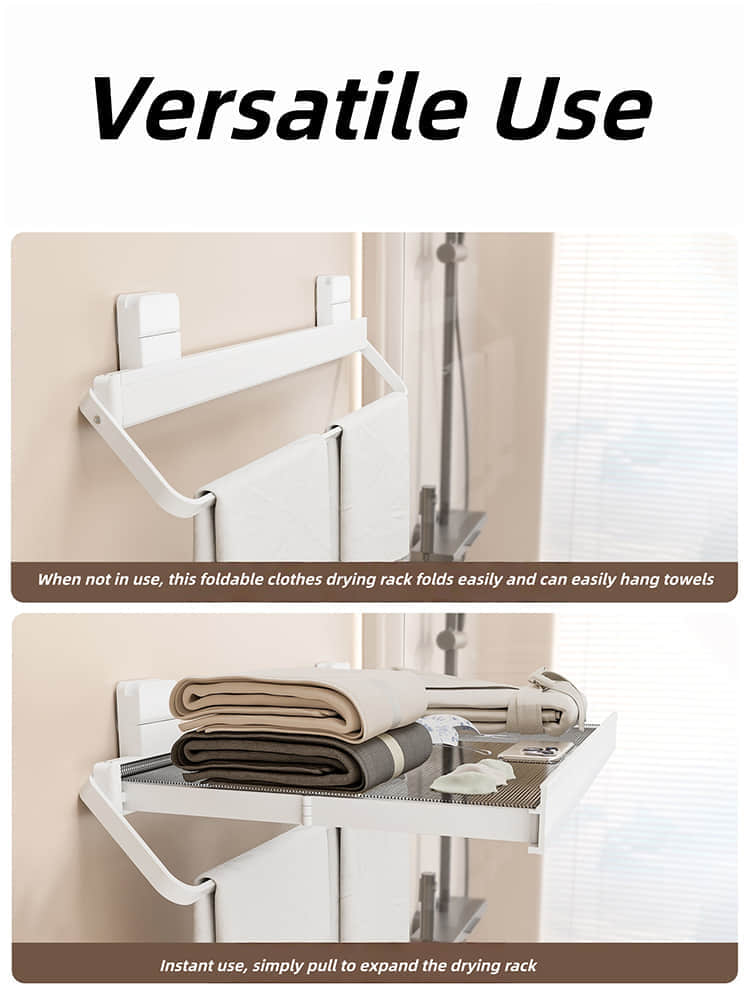 LYS2643W01 Suction Cup Multifunction Foldable Drying Rack with Storage Shelf and Bar