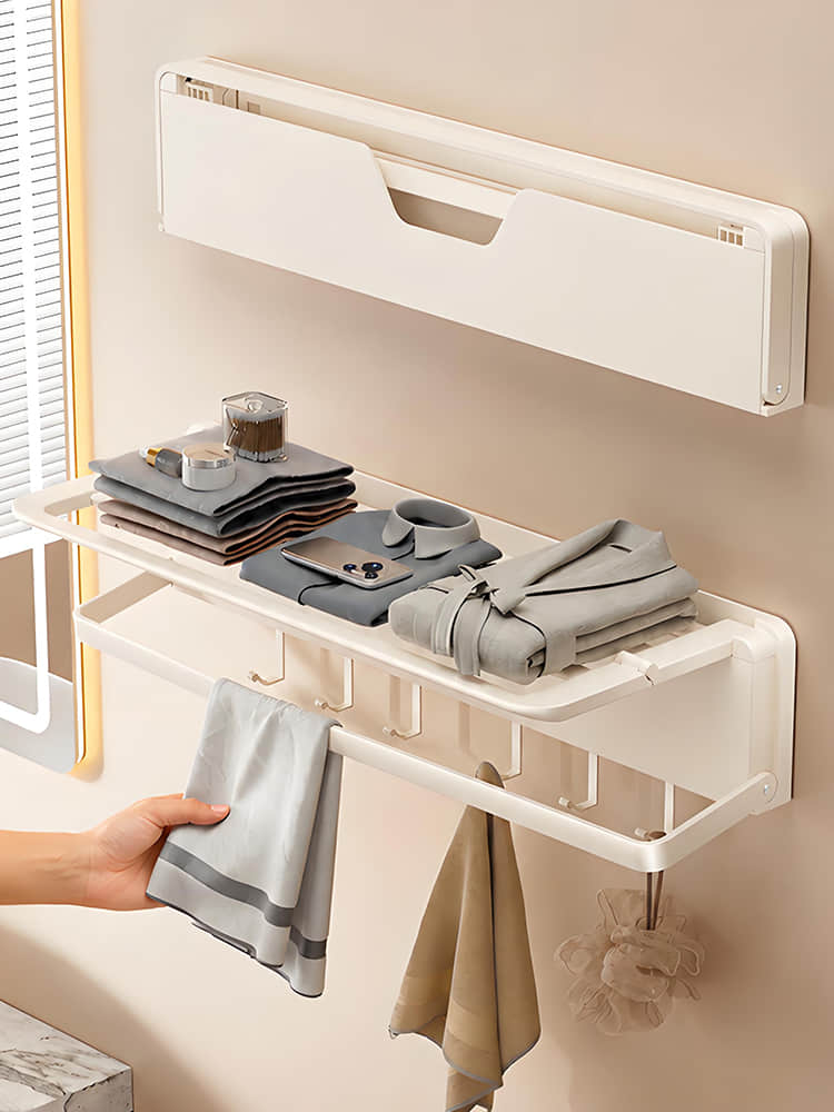 YJJ2602W01 Wall Mounted Folding Towel Rack with Shelf & Hooks