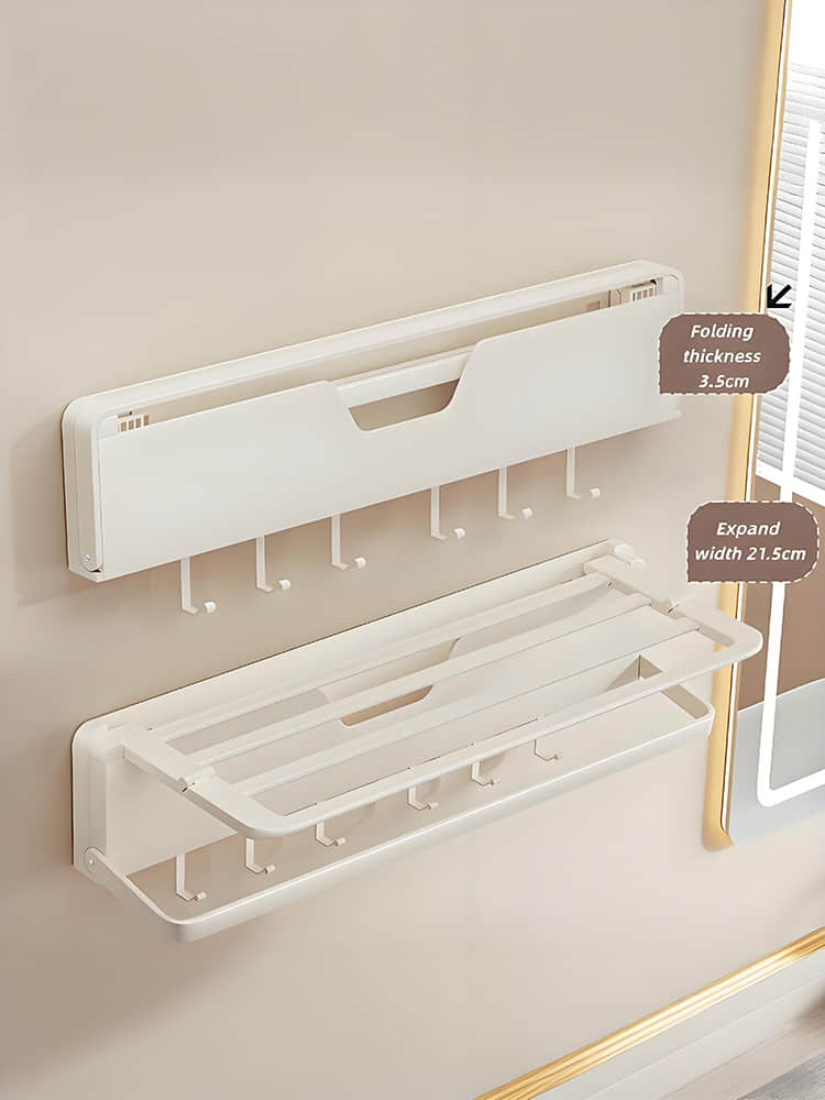 YJJ2602W01 Wall Mounted Folding Towel Rack with Shelf & Hooks