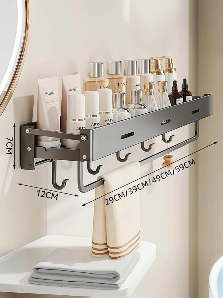 YSZWJ2609G01 Wall Mounted Bathroom Organizer with Hooks and Towel Bar