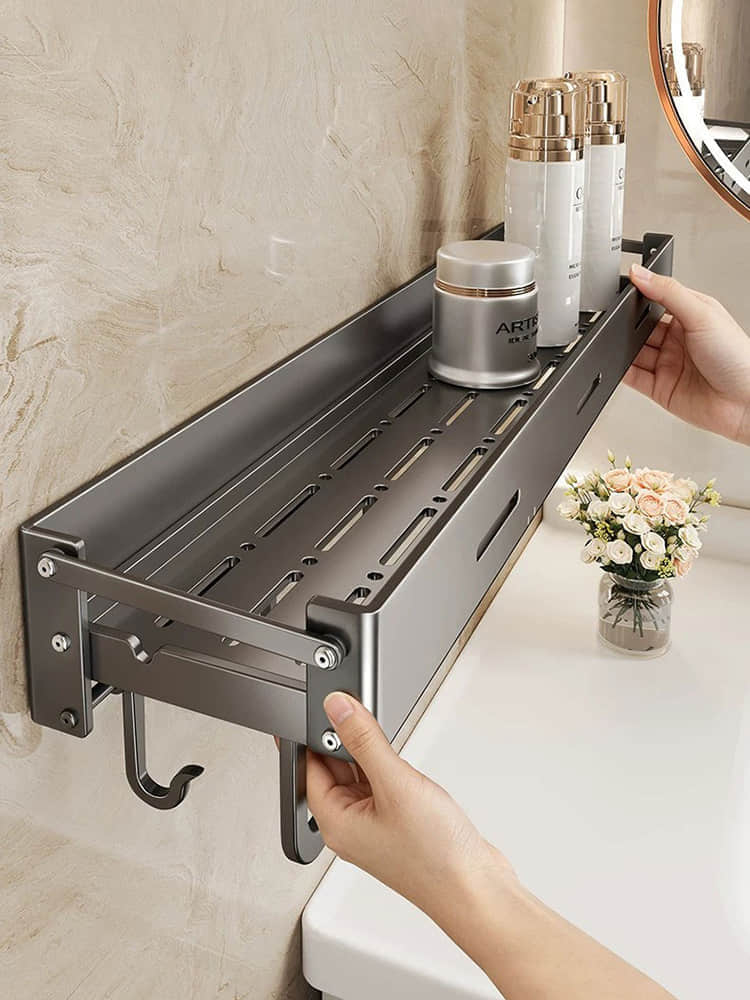 YSZWJ2609G01 Wall Mounted Bathroom Organizer with Hooks and Towel Bar
