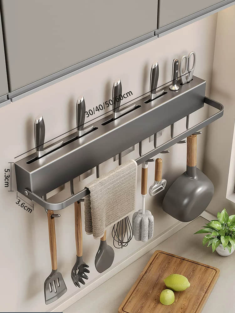 CFZWJ2605G01 Wall Mounted Foldable Kitchen Knife Holder & Utensil Organizer with Hooks