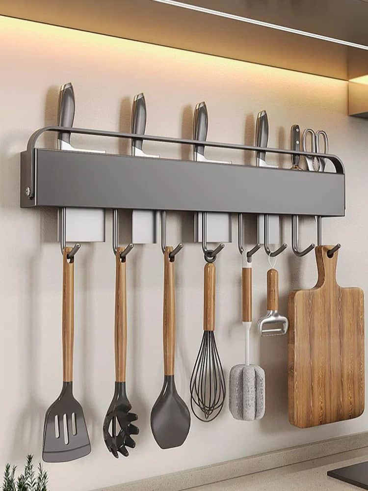 CFZWJ2605G01 Wall Mounted Foldable Kitchen Knife Holder & Utensil Organizer with Hooks